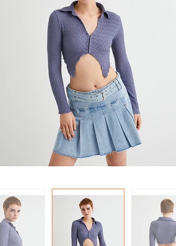 m Beden mavi Renk Mavi Düğmeli V Yaka Uzun Kollu Crop Top