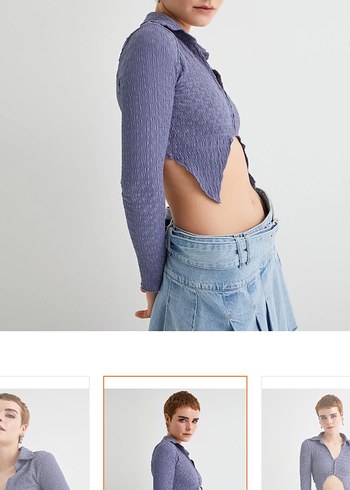 Koton Mavi Düğmeli V Yaka Uzun Kollu Crop Top