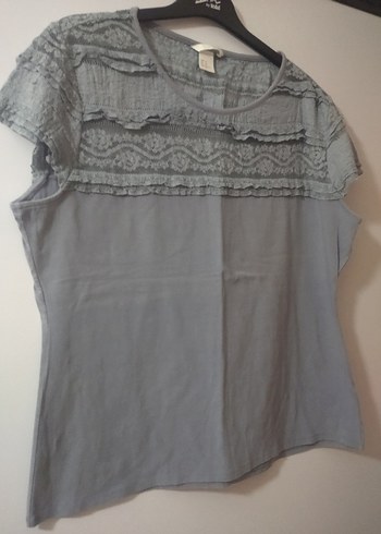H&M Gri Nakışlı Kısa Kollu Keten Bluz
