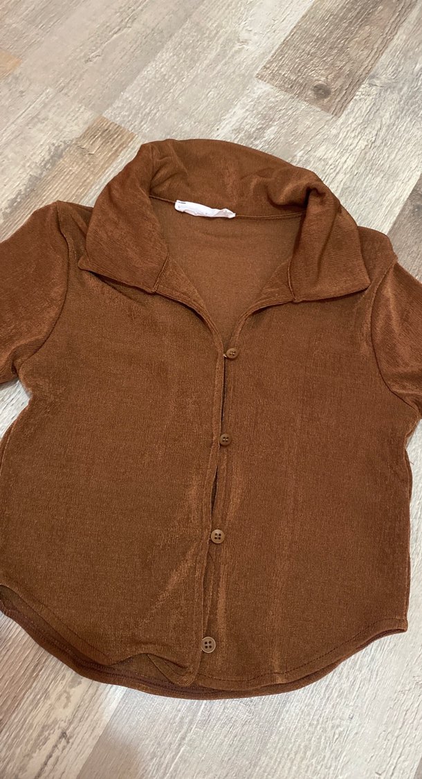 Düğmeli Kahverengi Keten Kadın Gömlek - Görsel 3