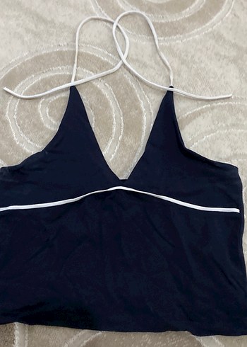 Lacivert V Yaka İnce Boyundan Baglamalı Crop