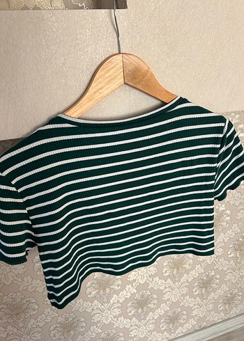 Defacto Kısa Kollu Yeşil Çizgili Crop Top