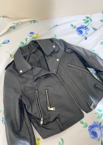Siyah Deri Biker Ceket, Normal Boy, Fermuarlı - Görsel 3