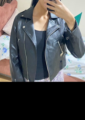 Siyah Deri Biker Ceket, Normal Boy, Fermuarlı - Görsel 2