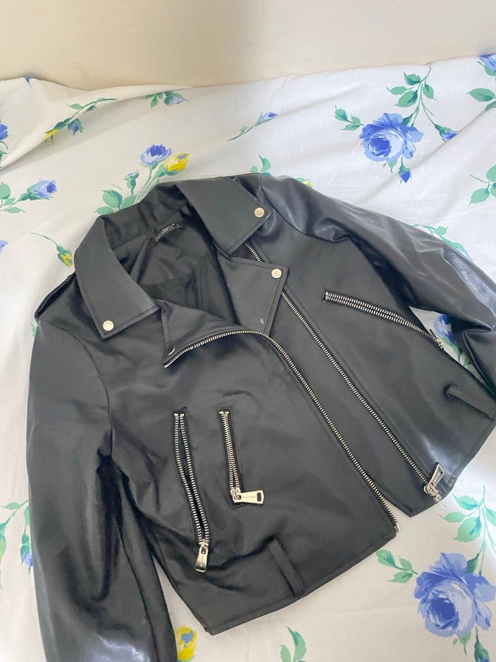 Siyah Deri Biker Ceket, Normal Boy, Fermuarlı - Görsel 3