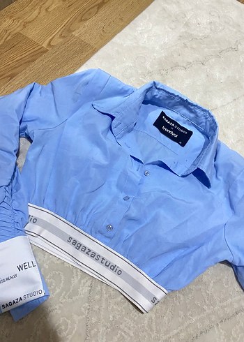 Mavi Pamuklu Mini Crop Gömlek - Görsel 2