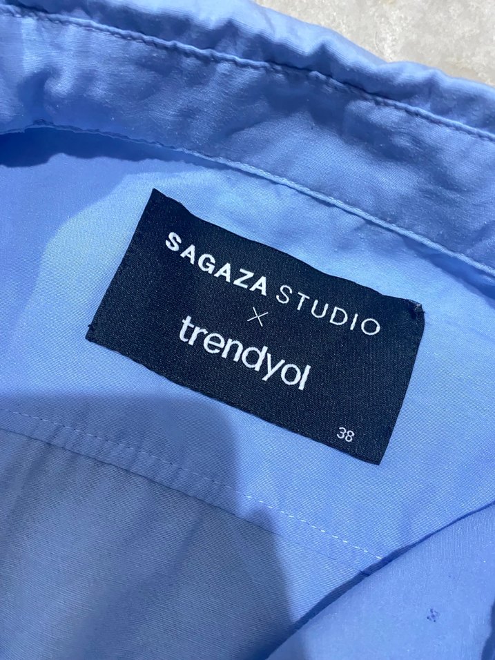 Mavi Pamuklu Mini Crop Gömlek - Görsel 3