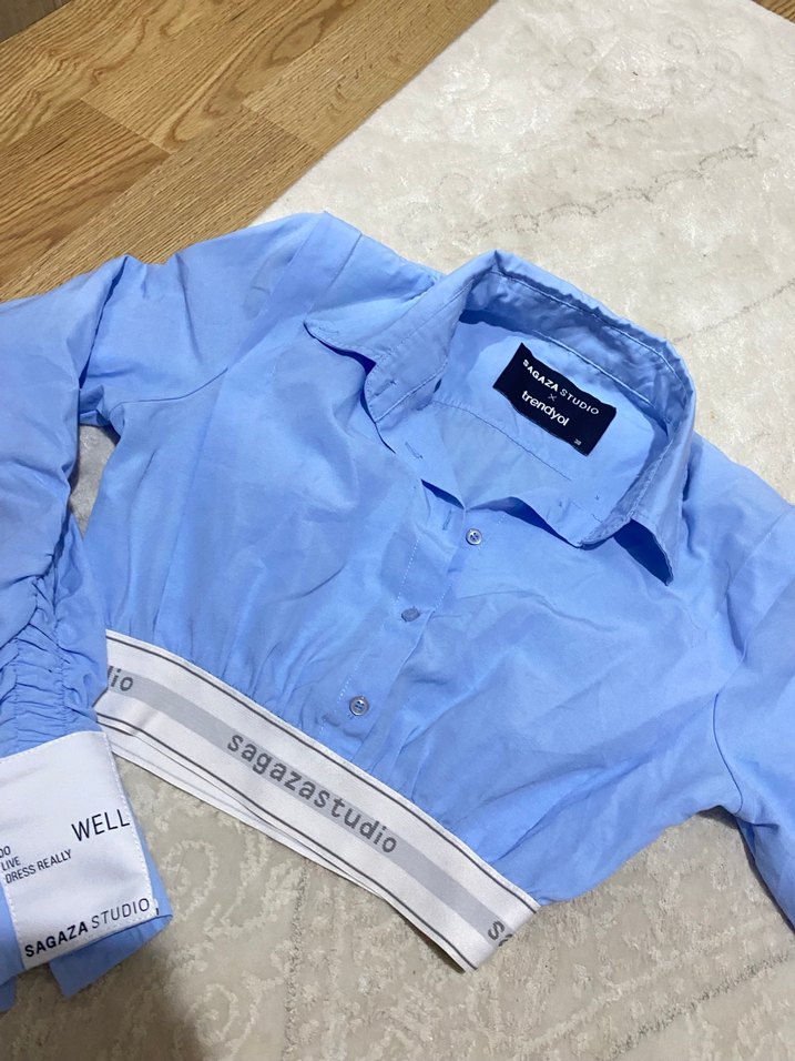 Mavi Pamuklu Mini Crop Gömlek - Görsel 2