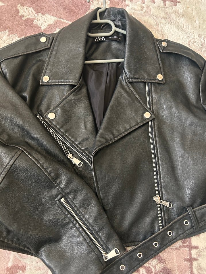 Kadın Siyah Deri Biker Ceket - Görsel 2