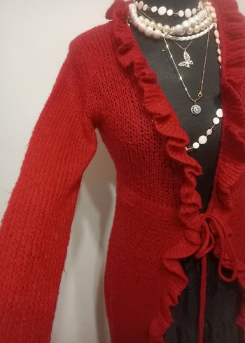 Kırmızı Uzun Kollu Fırfırlı Triko Hırka - Görsel 3