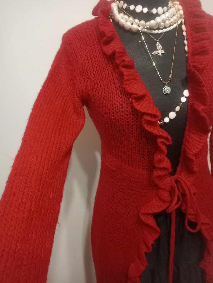 Kırmızı Uzun Kollu Fırfırlı Triko Hırka - Görsel 3