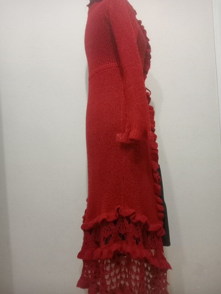 Kırmızı Uzun Kollu Fırfırlı Triko Hırka - Görsel 4