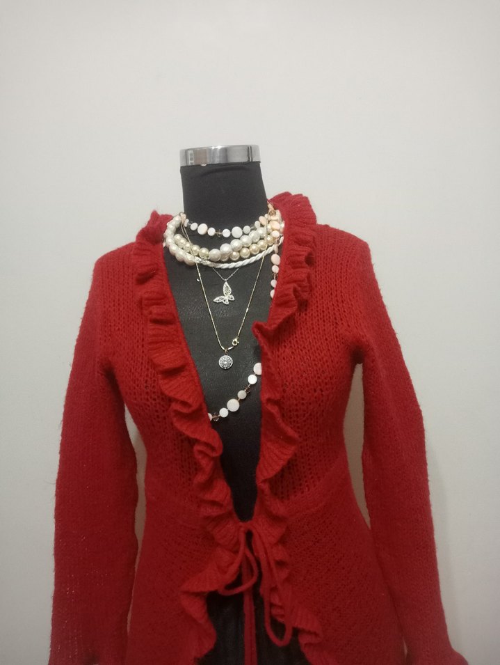 Kırmızı Uzun Kollu Fırfırlı Triko Hırka - Görsel 2