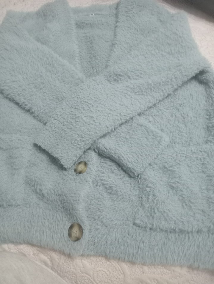 Düğmeli Mavi Kadın Hırka - Görsel 2