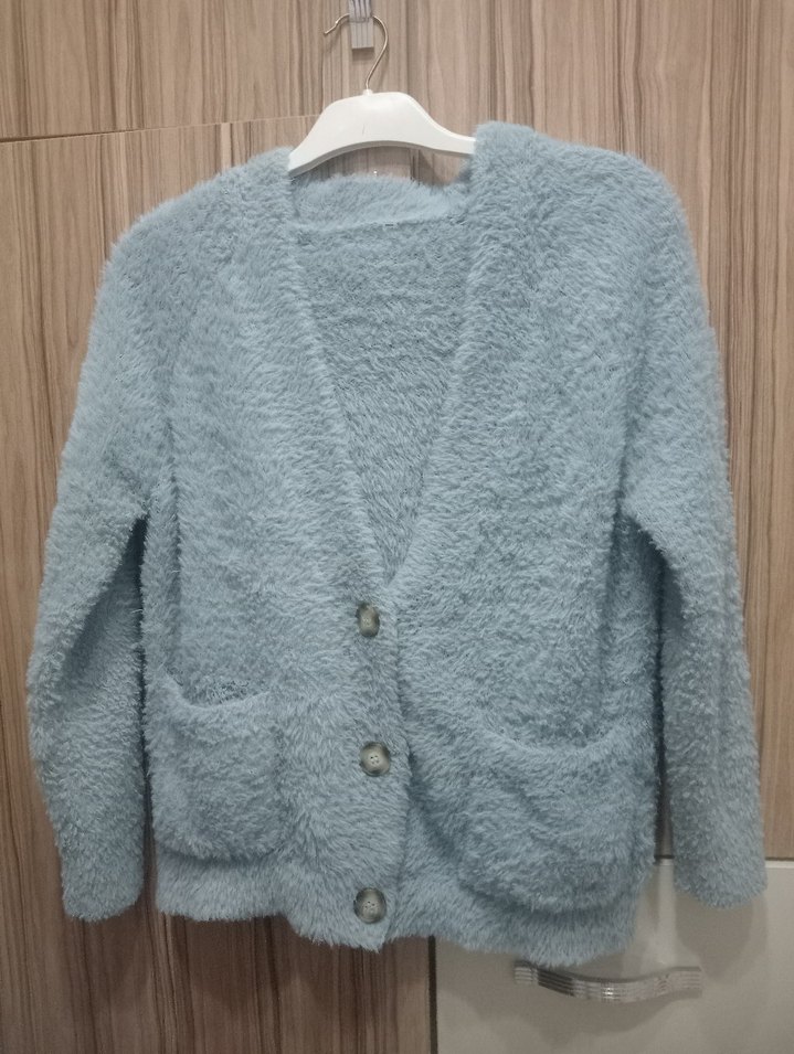 Düğmeli Mavi Kadın Hırka - Görsel 3