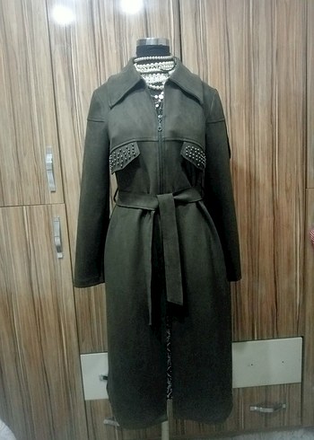 Gri Süet Kadın Uzun Kemerli Kaban - Görsel 4