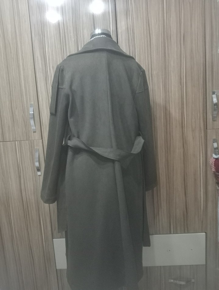 Gri Süet Kadın Uzun Kemerli Kaban - Görsel 3