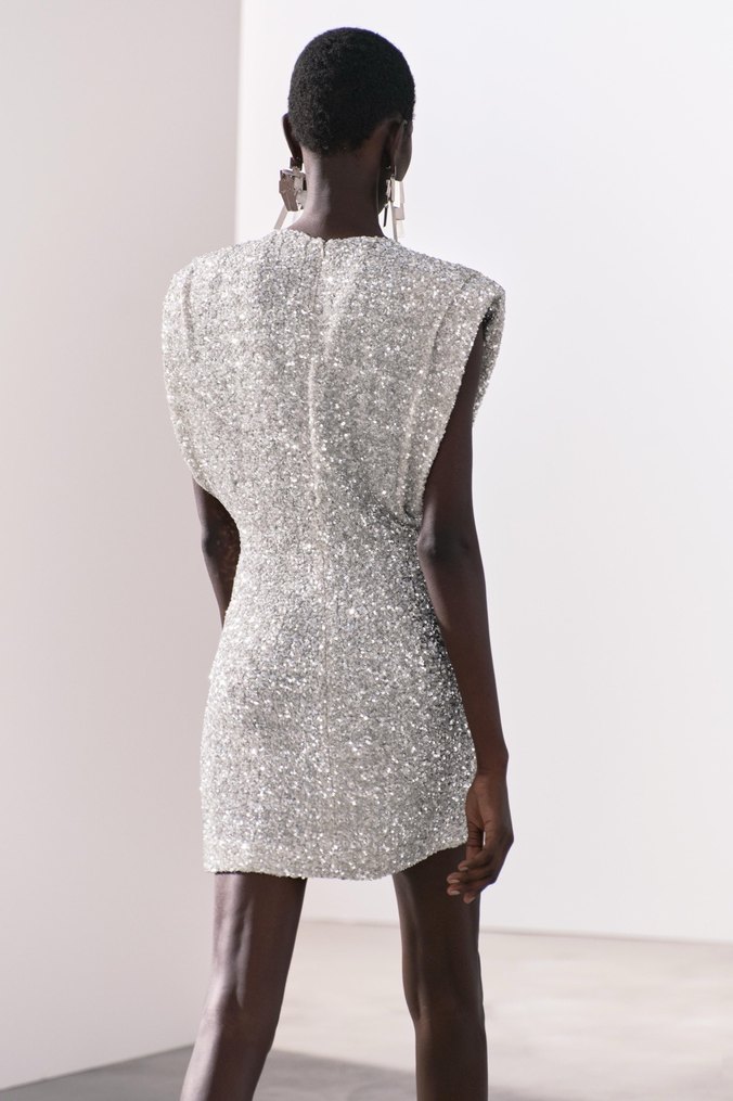 Kısa Kollu Gri Payetli Mini Elbise - Görsel 2
