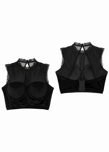 Siyah Gotik Yüksek Yakalı Fırfırlı Büstiyer - Görsel 5