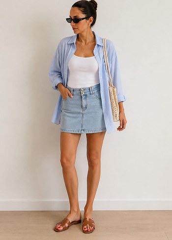 Afrodit Acik Mavi Denim Mini Etek