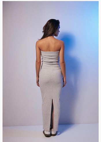 Gri Straplez Elbise yırtmaçlı fitilli - Görsel 3