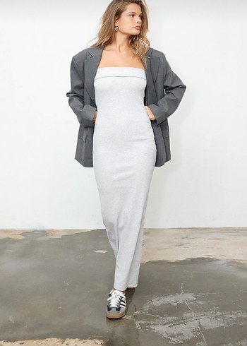 Gri Straplez Elbise yırtmaçlı fitilli - Görsel 2