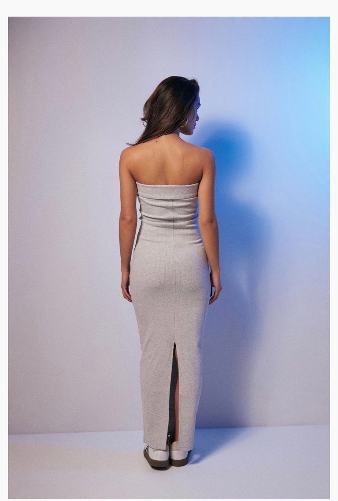 Gri Straplez Elbise yırtmaçlı fitilli - Görsel 3