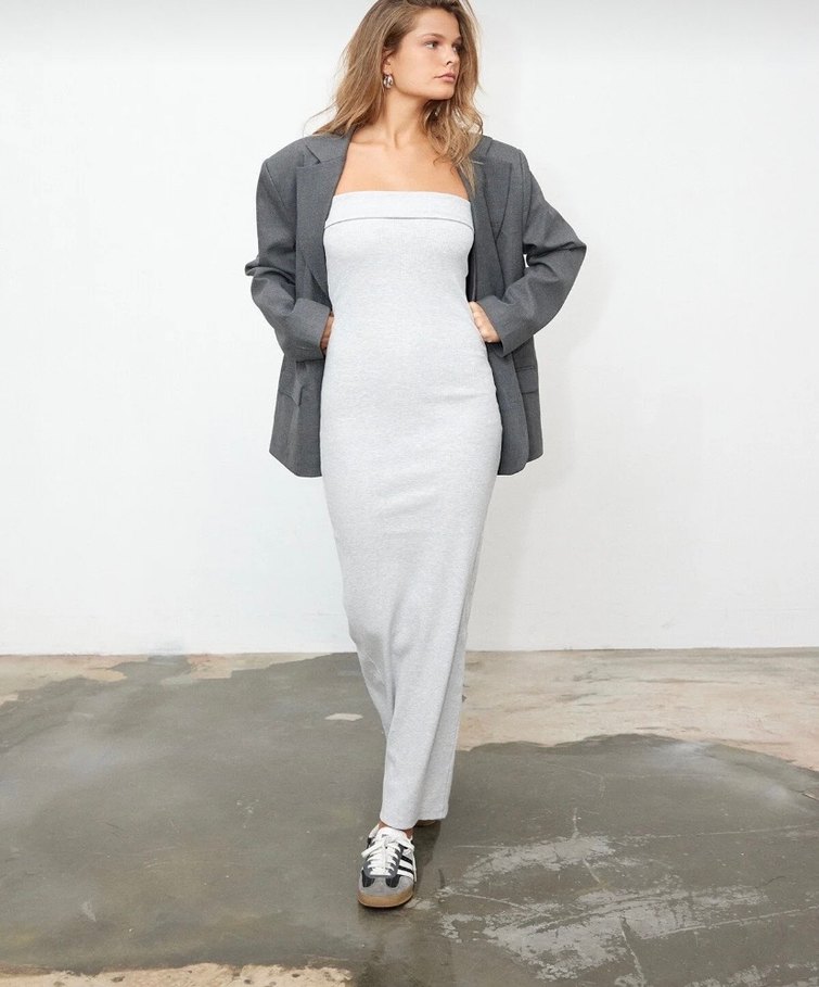 Gri Straplez Elbise yırtmaçlı fitilli - Görsel 2