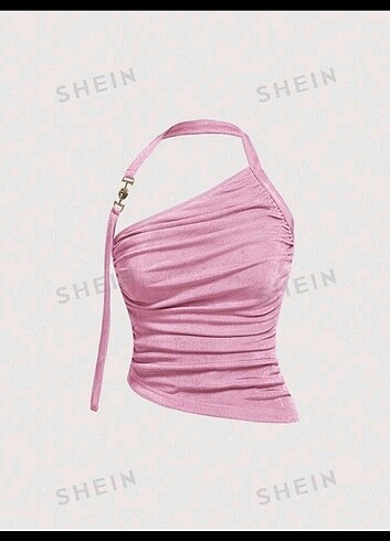 Shein Altın Toka Detay Asimetrik Pembe Bluz