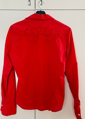 Düğmeli Kırmızı Kadın Keten Gömlek - Görsel 3