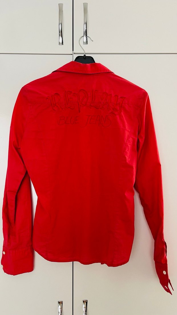 Düğmeli Kırmızı Kadın Keten Gömlek - Görsel 3