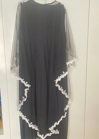 Uzun Siyah pelerin tül Detaylı Kadın Elbise - Görsel 3