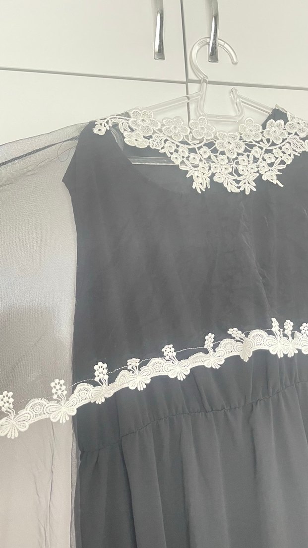 Uzun Siyah pelerin tül Detaylı Kadın Elbise - Görsel 2