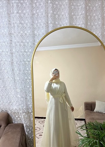 m Beden Beyaz Uzun Kollu Yüksek Yakalı Tesettür Elbise