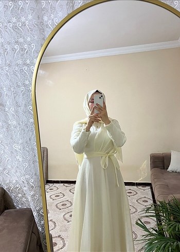 Beyaz Uzun Kollu Yüksek Yakalı Tesettür Elbise - Görsel 4