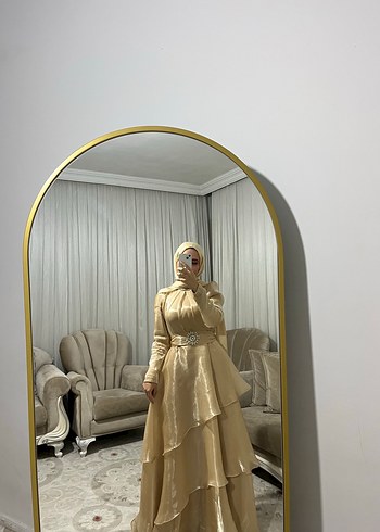 Bej Drapeli Yüksek Yakalı Uzun Kadın Elbise - Görsel 3