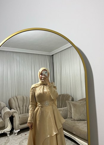 m Beden altın Renk Bej Drapeli Yüksek Yakalı Uzun Kadın Elbise