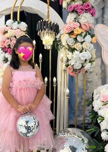 Pembe Fırfırlı Straplez Çiçekli Kız Çocuk Elbisesi - Görsel 6