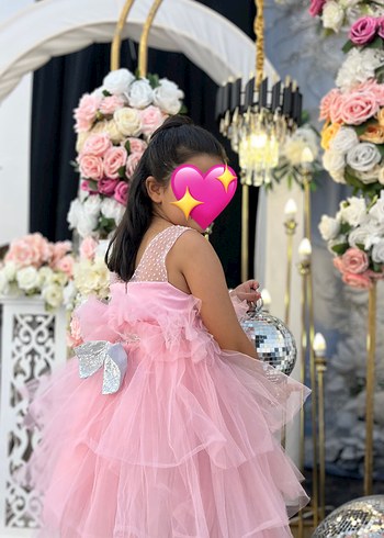 Pembe Fırfırlı Straplez Çiçekli Kız Çocuk Elbisesi - Görsel 3