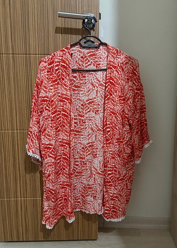 Kırmızı Bağlama Desenli Bohem Kadın Kimono