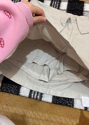 Düğmeli Bej Keten Mini Etek - Görsel 2