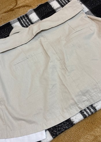 Düğmeli Bej Keten Mini Etek - Görsel 4