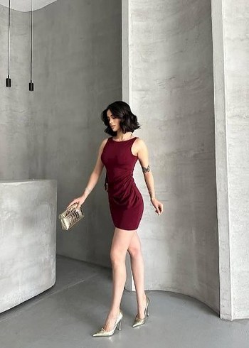 Mango Bordo Mini Esnek Elbise