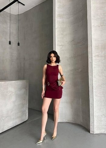 s Beden bordo Renk Bordo Mini Esnek Elbise