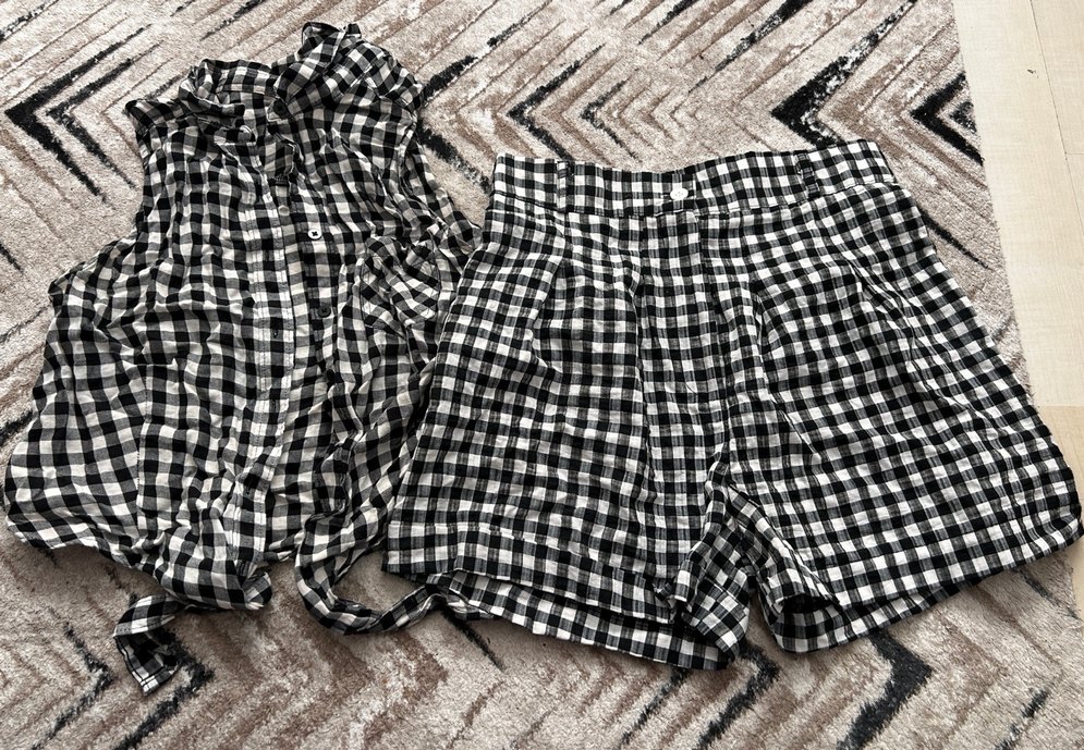 Kadın Gri Kareli Kemerli Mini Tulum - Görsel 2