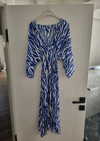 Mavi Zebra Desenli Uzun Bohem Elbise