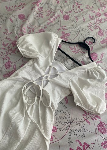 Beyaz V Yaka Keten Uzun Elbise - Görsel 3