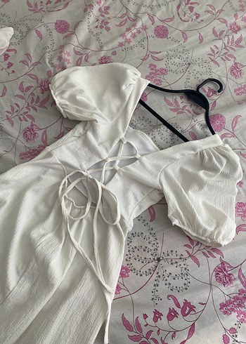 Beyaz V Yaka Keten Uzun Elbise - Görsel 2