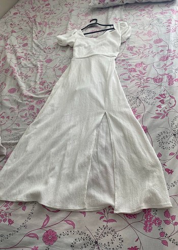 Beyaz V Yaka Keten Uzun Elbise - Görsel 6