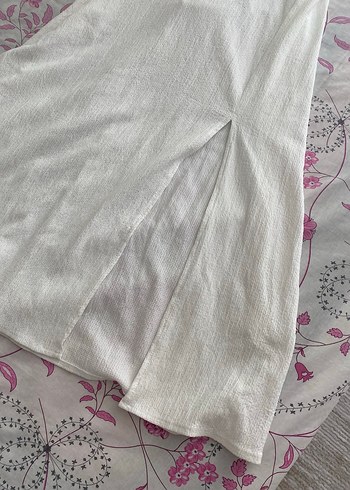 Beyaz V Yaka Keten Uzun Elbise - Görsel 5